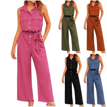 Discount Bonanza  Women s Summer Jumpsuit  Fashion Pocket Casual  Button Up  Sleeveless  Lace Up  Long Pants  Jumpsuit  Summer Wardrobe  Comfortable Fit  Versatile  Quick Dry  Casual Outfit