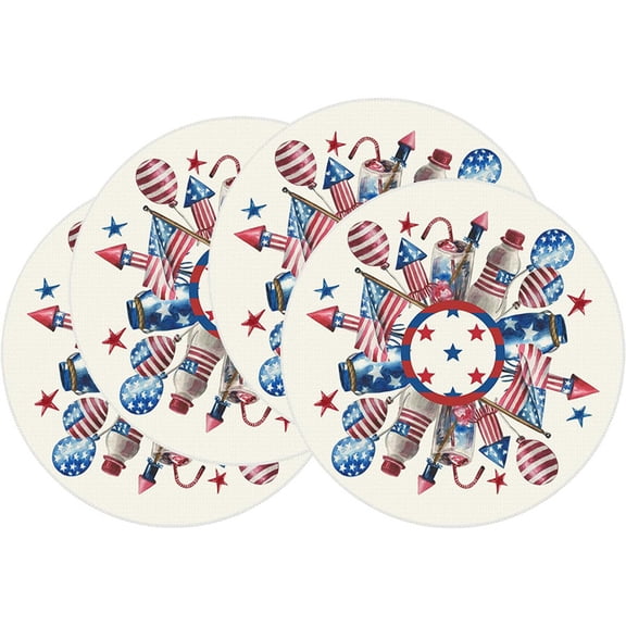4th of July Round Placemats Set of 4, 14 Inch Patriotic Memorial Day Round Table Mats for Dining Decoration