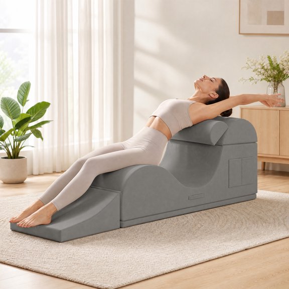 Mjkone Convertible Yoga Chair for Adults,Velvet Yoga Chaise Lounge with Lumbar Pillow,Ergonomic Foam Lounge with Side Pocket,Light Gray