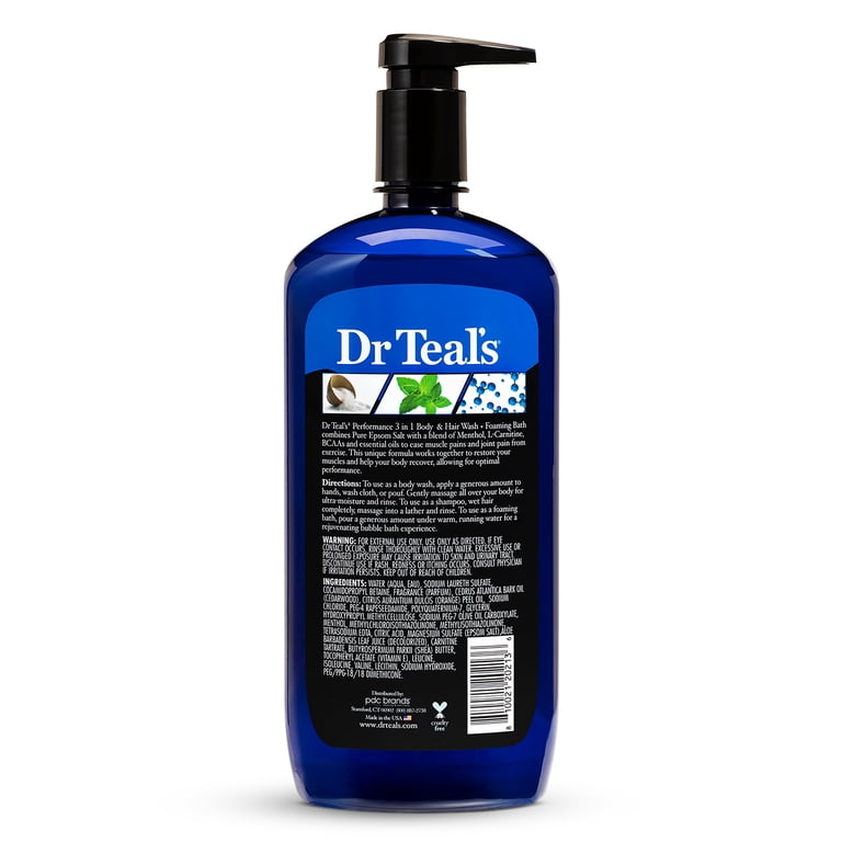 (3 pack) Dr Teal's 3-in-1 Body & Hair Wash + Foaming Bath with Pure Epsom  Salt, Performance with Menthol, L-Carnitine & BCAAs, 34 fl oz