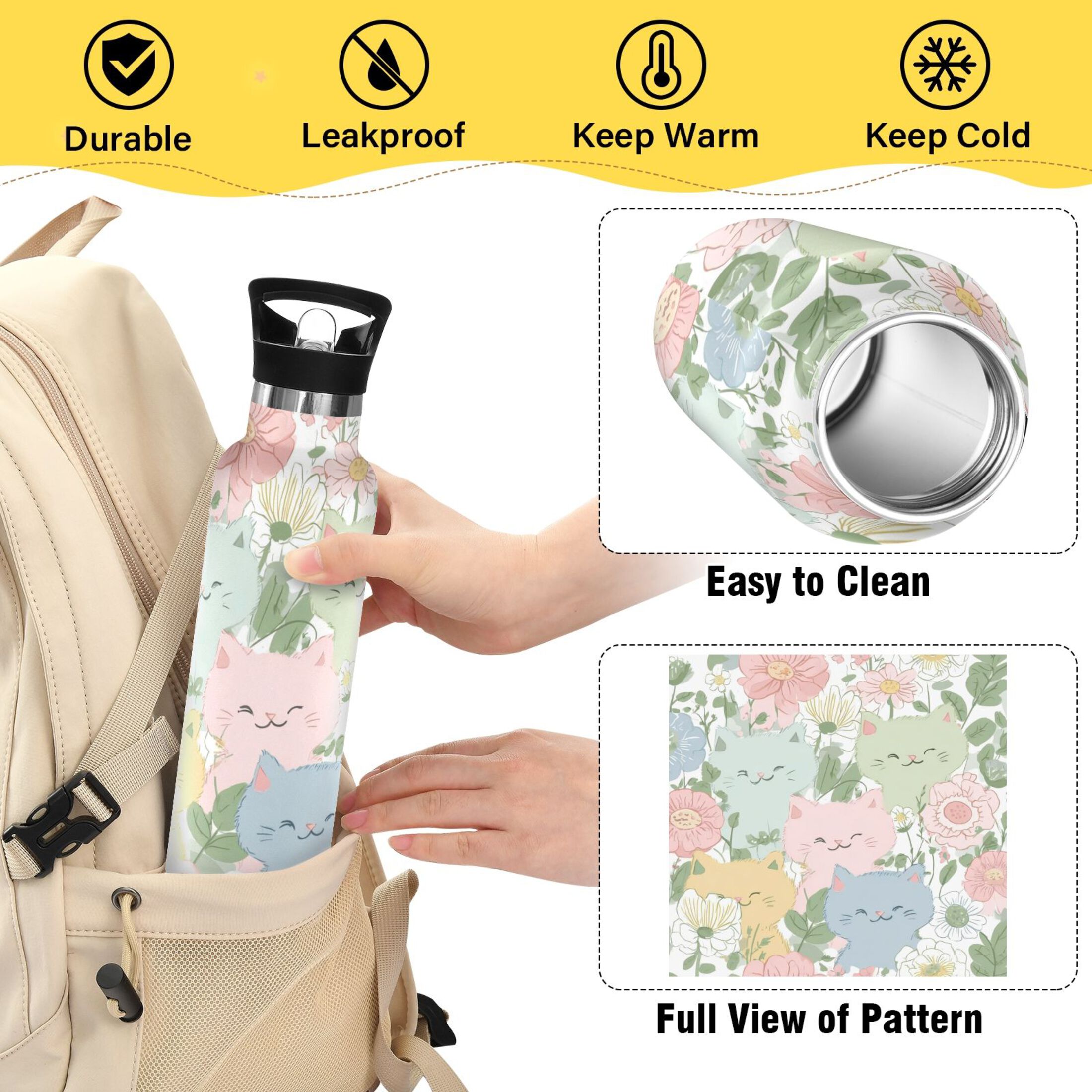 Kids Insulated Stainless Steel Sports Water Bottle 600ml (20oz) Pastel-colored Cats and Flowers