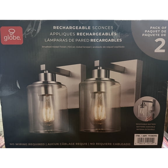 Globe Wall Sconce Battery Rechargeable Brushed Nickel Finish Set of 2