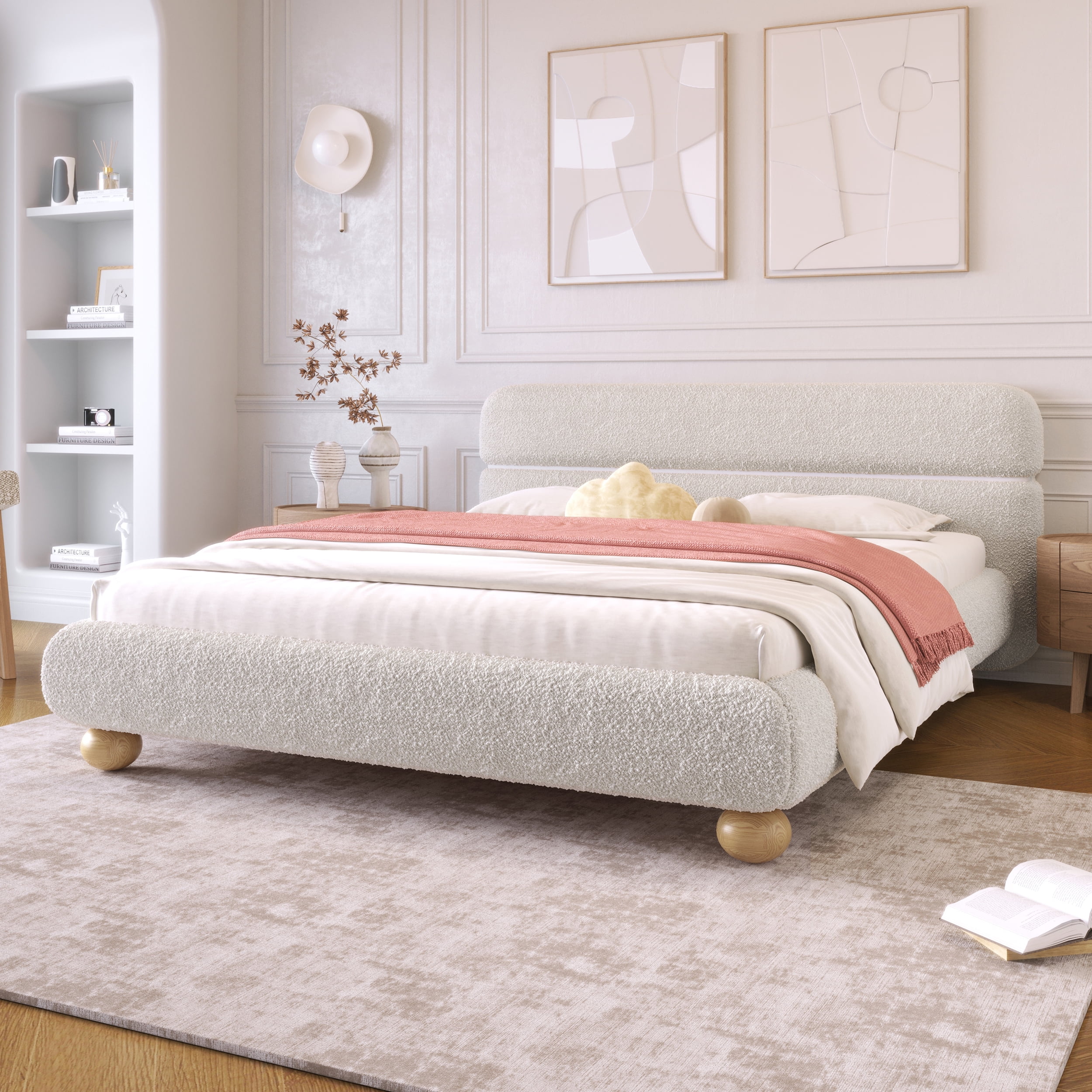 Euroco Teddy Fleece Fabric Queen Size Platform Bed with Round Legs, White
