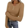 thumbnail image 2 of Otntypg Women's Long Sleeve Henley Tops Ribbed Knit Slim Fitted Trendy Solid Color Half Button V Neck T Shirt Basic Tees Layer Fall Spring Fashion Outfits with Thumb Hole Khaki L, 2 of 10