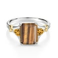 thumbnail image 2 of Gem Stone King 925 Silver and 10K Yellow Gold Brown Tiger Eye and Yellow Citrine and Diamond Engagement Ring for Women (3.30 Cttw, Emerald Cut 10X8MM, Trillion 3.5MM, Size 6), 2 of 3