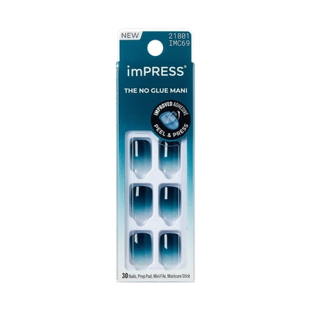KISS imPRESS Color Press On Nails, ‘Velvet Breeze’, Blue, Short Squoval, 30 Count