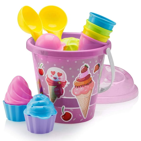 Top Race Ice Cream Sand Toys for Kids with Large 9" Bucket Pail and Spade Scoop Shovels - Kid Beach Toys | 16pcs (Pink) Ice Cream Playset Great for Kids Ages 1.5-9