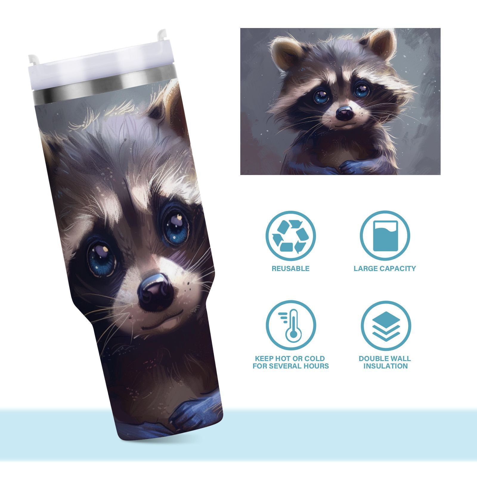 JSTEL Cute Raccoon Baby Animal 40 oz Tumbler Stainless Steel Water Bottle Vacuum Insulated Cup with Straw Lid & Handle For Travel Car Cup Holder