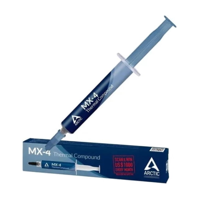 pasta térmica arctic mx-4 para disipador de calor, 4 g, grasa de silicona jeringa azul con etiqueta MX-4 apoyada sobre su caja azul con logotipo Arctic, vista 3/4 frontal que muestra boquilla y émbolo; indicada para transferencia térmica entre CPU/GPU y disipadores, capacidad aprox. 4 g; también suele usarse en ensamblajes térmicos pequeños.