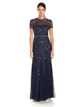 Short-Sleeve Beaded Mesh Gown, Navy 