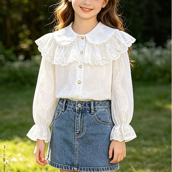 Mifsaly Girls Uniform Shirts Kids Back To School Ruffled Lace Blouses Frilled Neck Bow Tie Button Down Dress Shirt