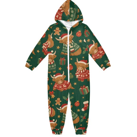 Christmas Animals Highlands Boys & Girls Hooded One-Piece Pajamas Warm Crystal velvet Hooded Long Sleeve Loungewear Jumpsuit Unisex