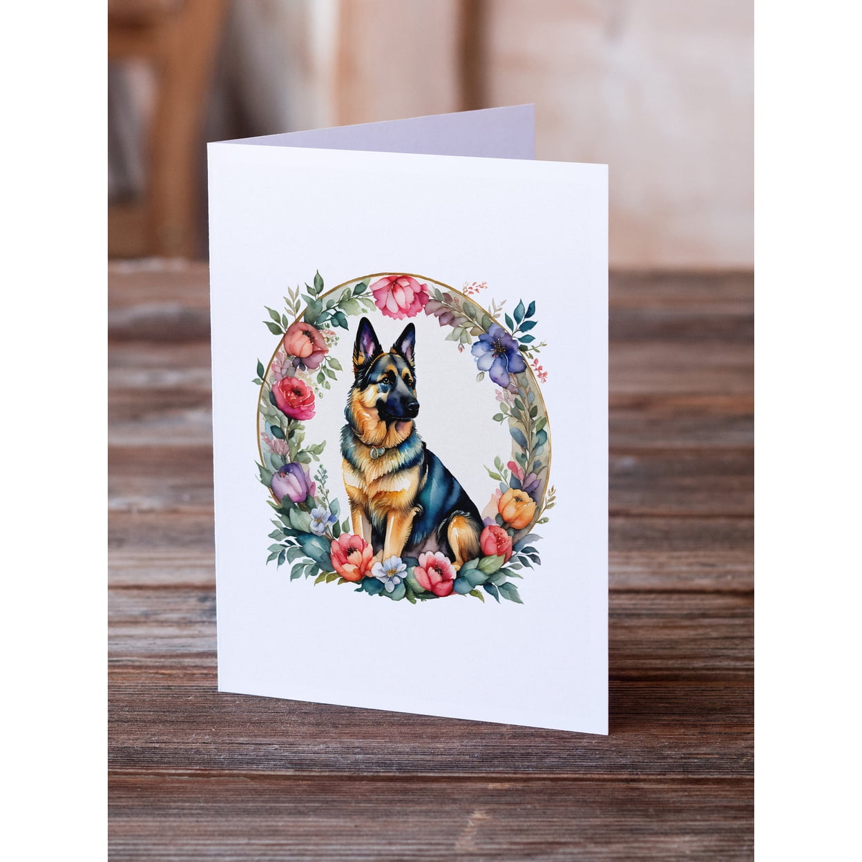German Shepherd and Flowers Greeting Cards and Envelopes Pack of 8 7 in x 5 in