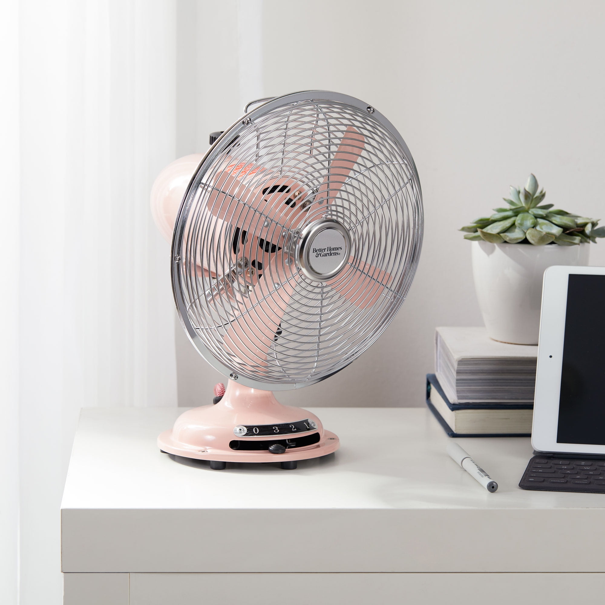 Better Homes & Gardens 12" 3-Speed Retro Pearl Blush Metal Tiltable-Head Oscillating Table Fan