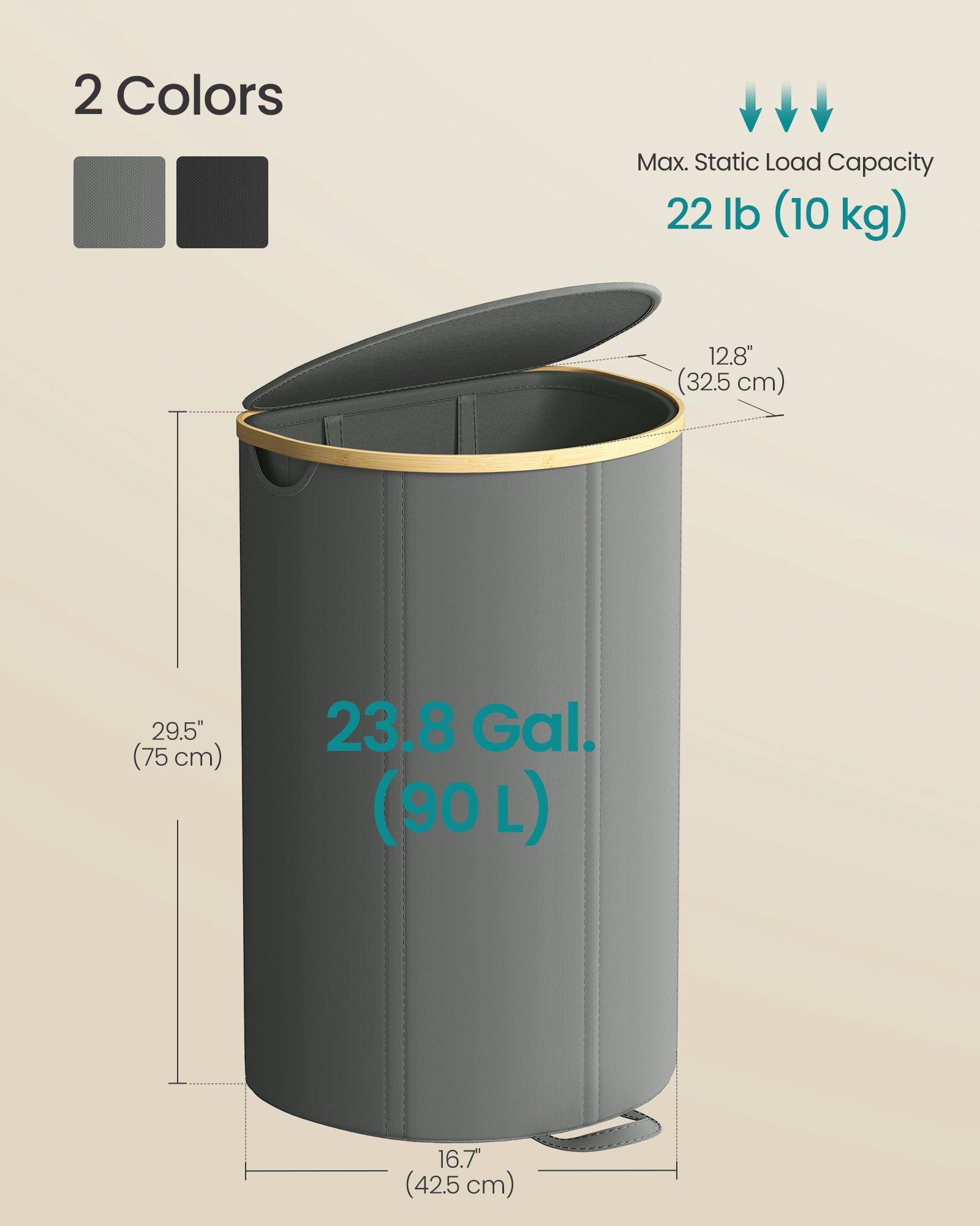 SONGMICS Laundry Hamper, Laundry Basket with Lid, 23.8 Gal. (90 L), with Removable Liner Bag, for Laundry Room, Bedroom, Living Room, Slate Gray