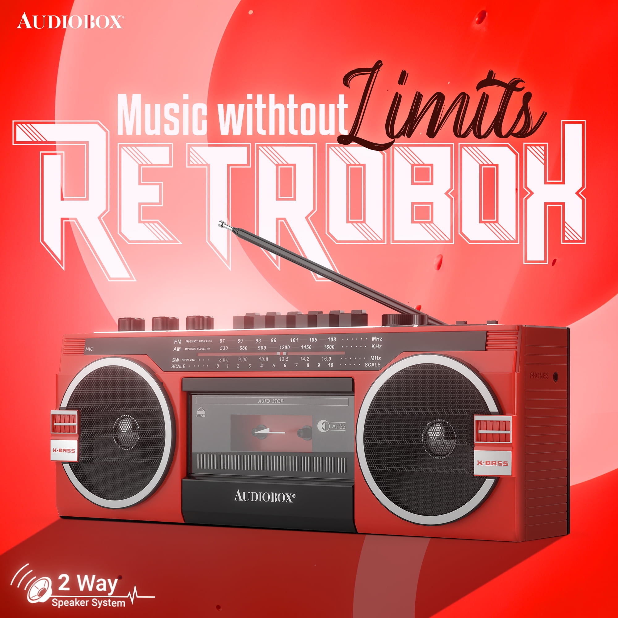 AudioBox RXC-25BT Bluetooth Boombox Speaker - 2 Way Boombox System with AM/FM/SW Radio, MP3 Playback, USB & SD Card Connection, Cassette Player, Built-in Speaker, 3.5mm Jack, Stereo Sound (Red)