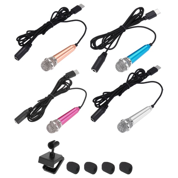 4 Pcs Mini Microphone, Mini Mic Tiny Microphone Phone Type C Mic Small Microphone with Bracket, Sponge Cover for Record Phone Voice, Gold/Silver/Hot Pink/Blue