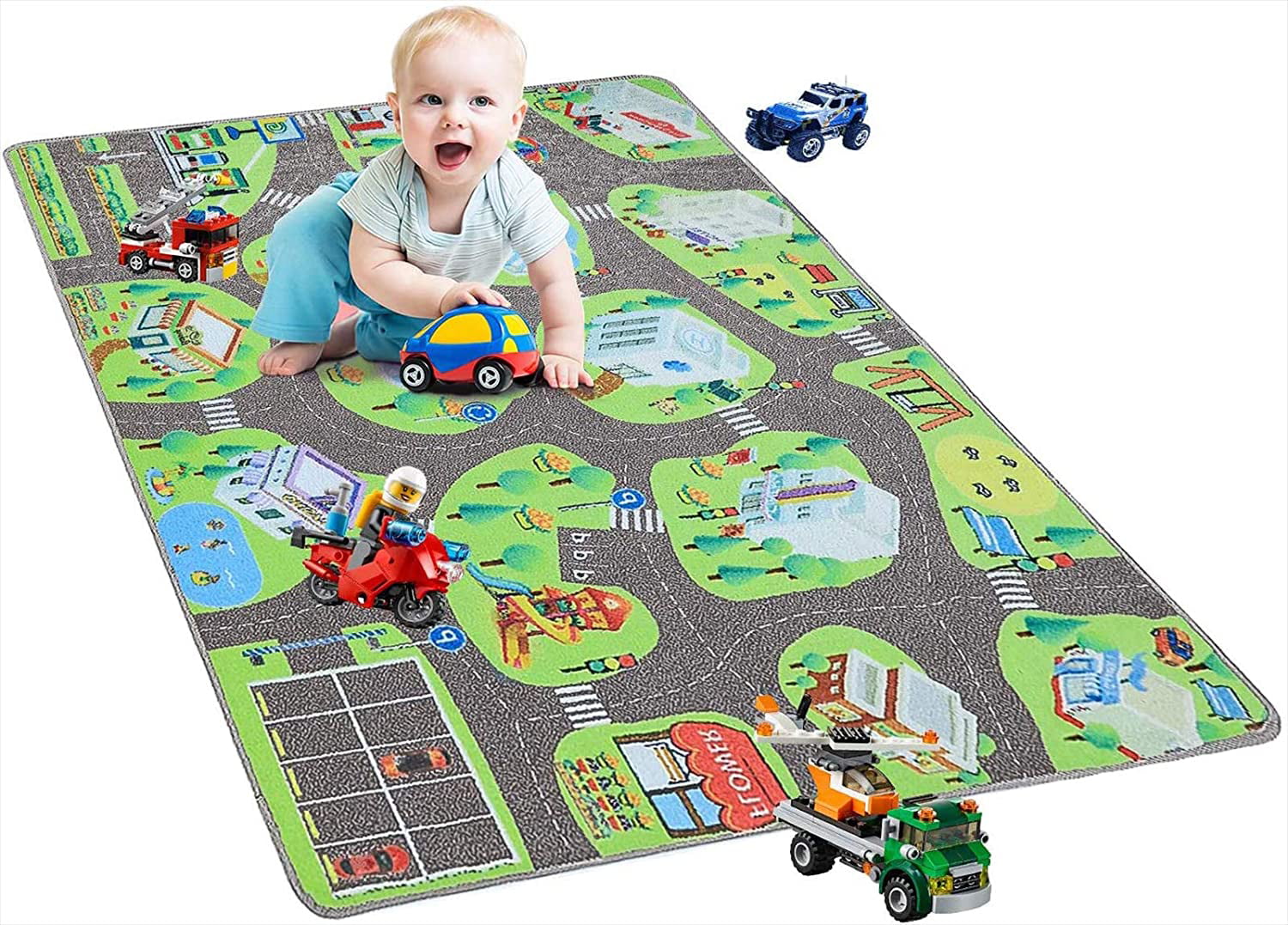 Car Rug to Have Hours of Fun on,Area Rug Mat with Non-Slip Backing,Car Mat Great for Baby Girl Boy Kids Rug Play Mat for Toy Cars Colorful and Fun Play Rugs with Roads for Bedroom Kidroom