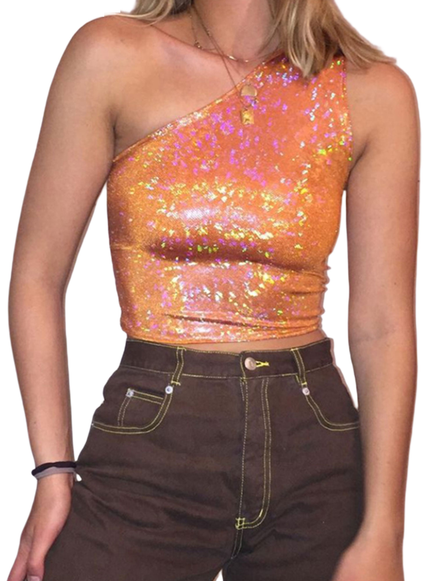 Y2k One Shoulder Glitter Sequin Crop 