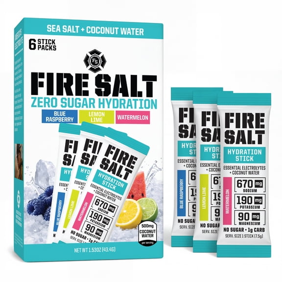 Fire Salt Electrolyte Drink Mix Variety Pack – Watermelon, Lemon Lime, Blue Raspberry – 6-Count