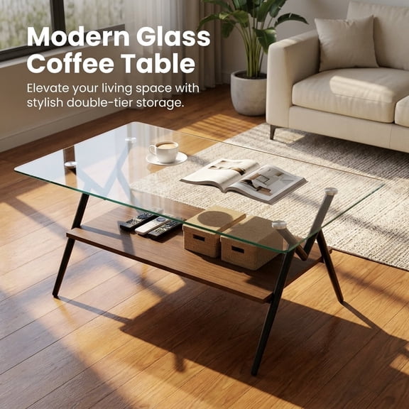 Modern Rectangular Glass Coffee Table with Tempered Glass Top, Brown Wood Storage Shelf and Black Metal Legs for Living Room, Clear