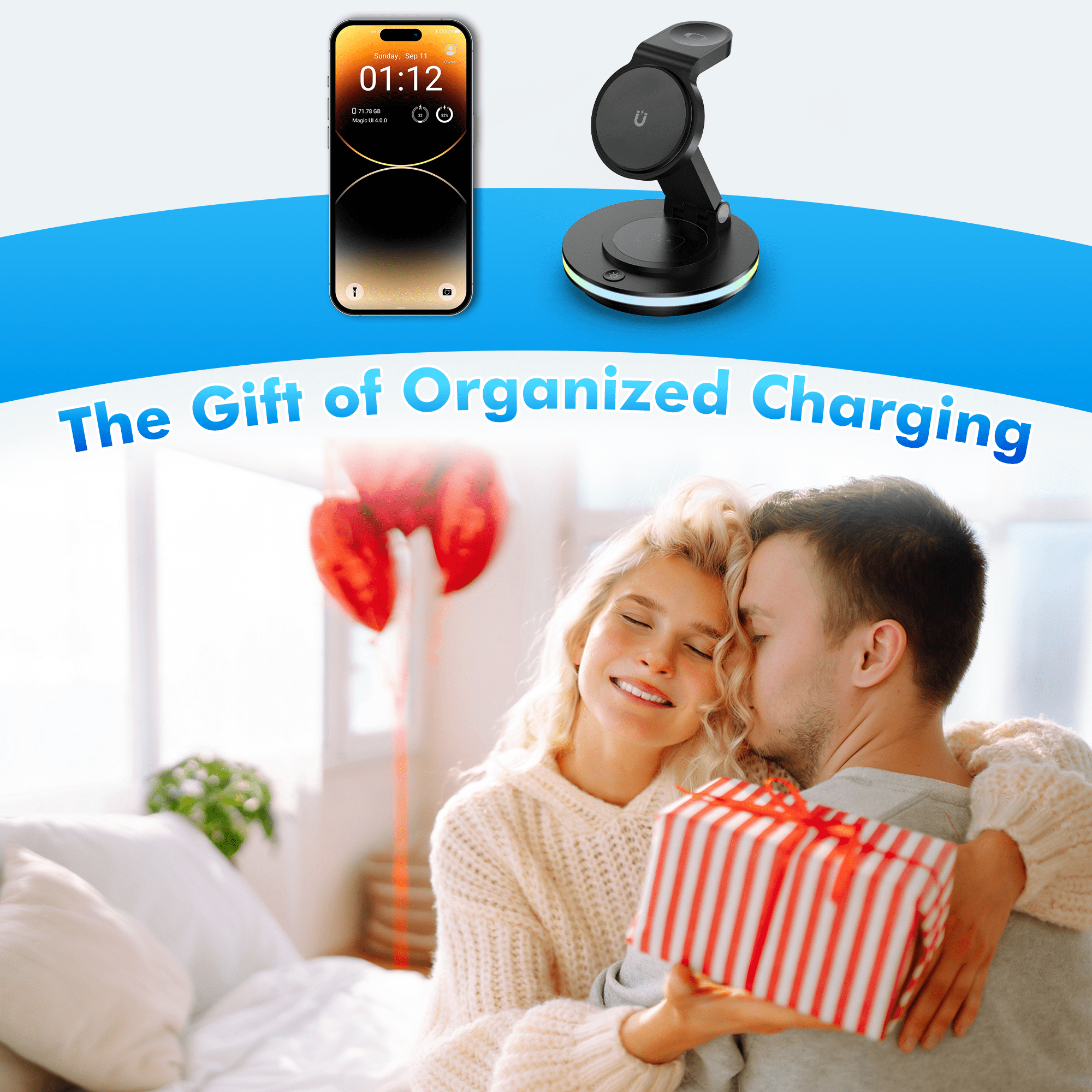 OWNTECH 20W 3-in-1 Wireless Charging Station Compatible with iPhone 16/15/14/Pro/Max, Apple Watch, AirPods Pro/4/3/2 - Fast Charger Pad with Night Light & Adapter Included (Black)