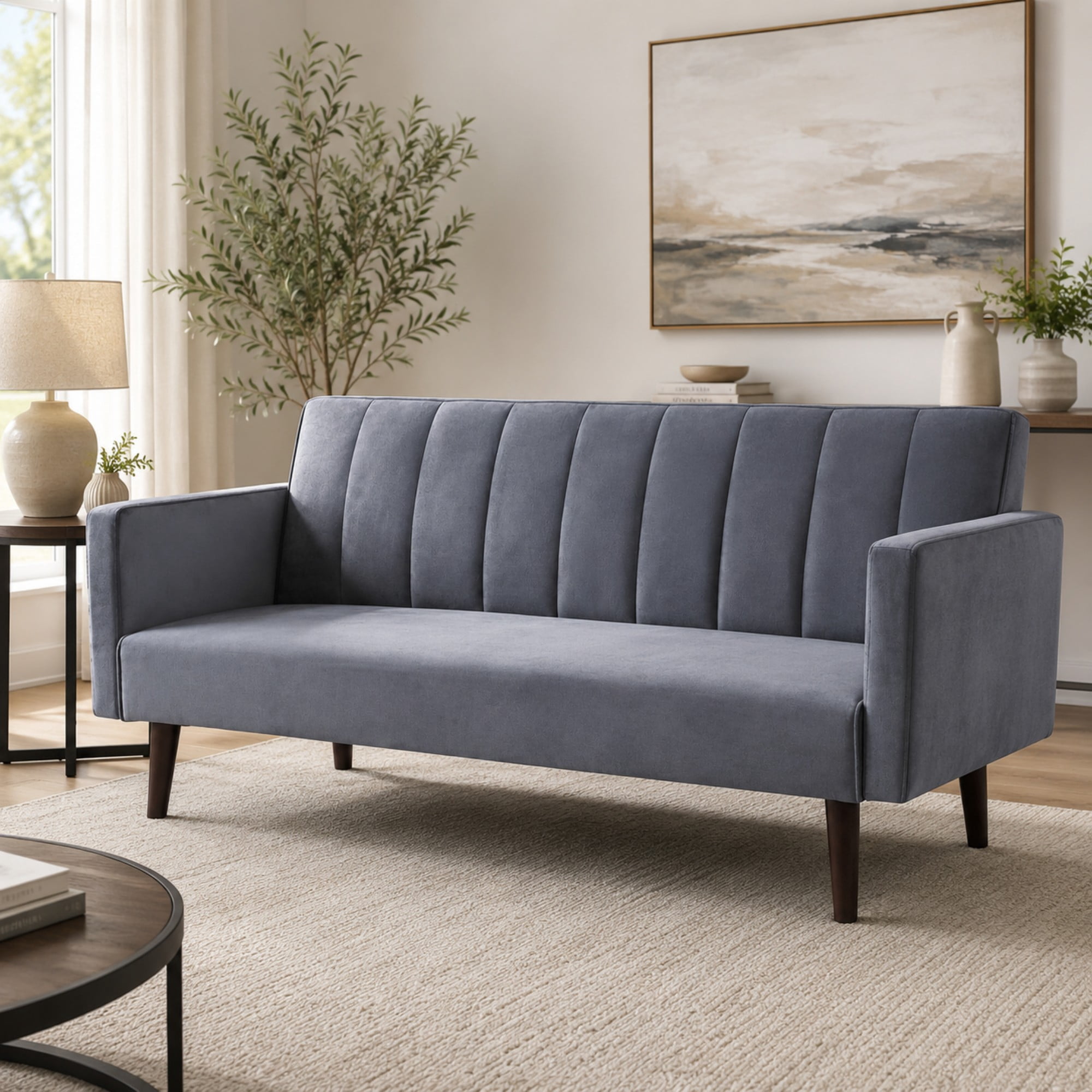 BSHTI 72" Linen Sleeper Sofa Bed with Vertical Channel Tufted Backrest,Adjustable Back, Folding Design for Living Room（Gray）
