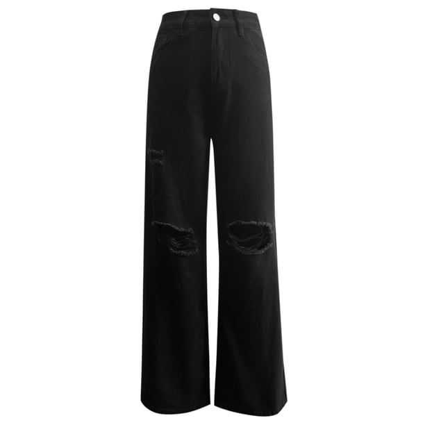Gibobby Pantalones deportivos mujer diseño de agujero Denim recto suelto Diseño minimalista Pantalones de mezclilla JEANS(Negro,M)