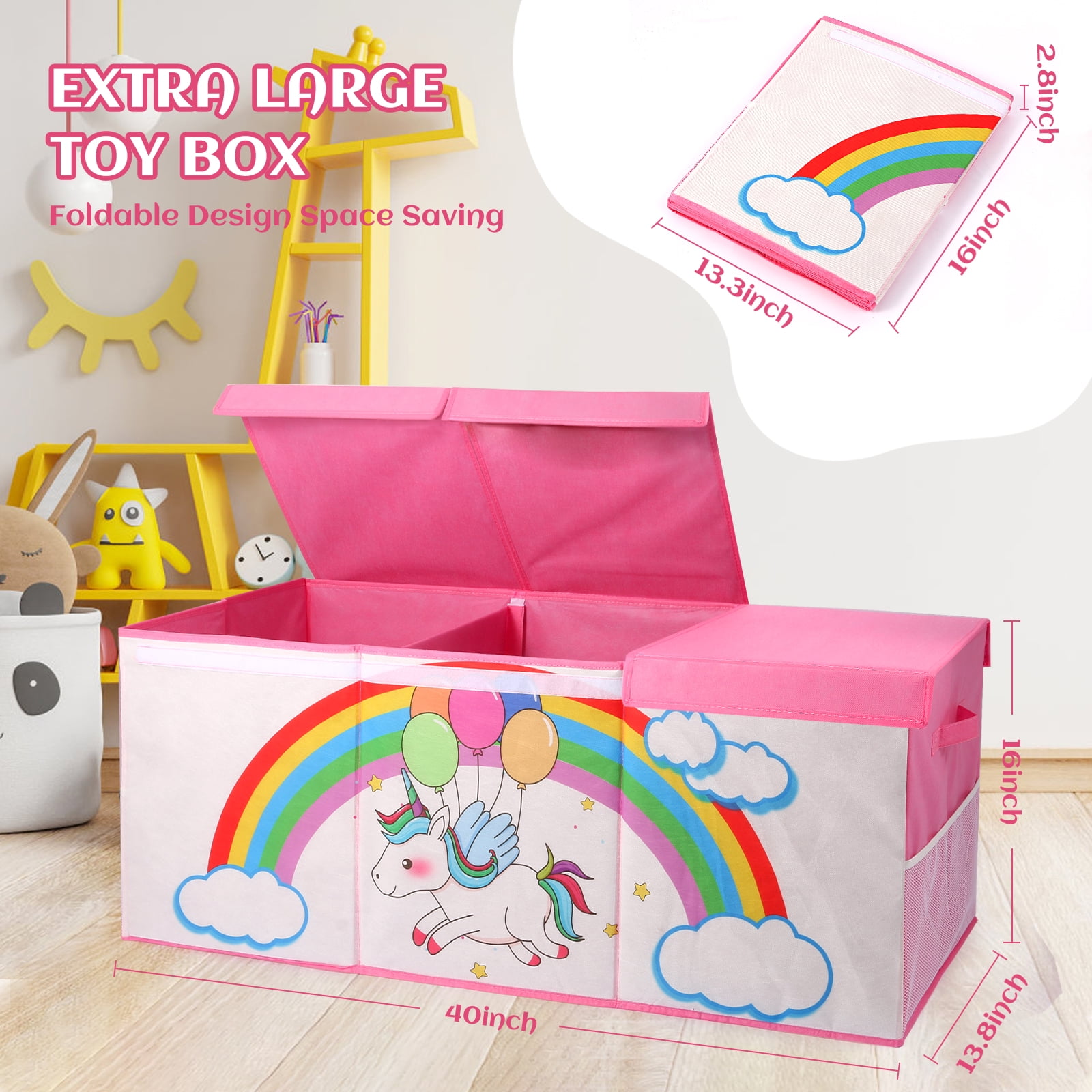 FIIOEOY Extra Large Toy Box, Collapsible Storage Organizer with Lids, Sturdy Unicorn Toy Chest for Boys Girls, 40"x16"x16" Kids Storage Bin Box Baskets for Living Room, Playroom, Bedroom, Nursery