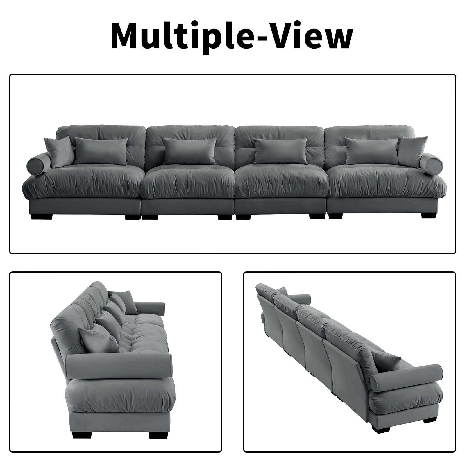 166" Grey Modular Sectional Sofa, 4 Seater Large Sectional Couches for Living Room, Velvet Fabric Oversized Fluffy Cloud Couch with Ottoman, Deep Seat Home Sofas Set, Sofá Moderno