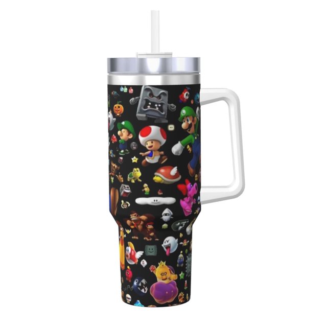 Regalos personalizados de Mario para vasos de 40 oz con asa y pajita - Taza de café de viaje de acero inoxidable con tapa - Regalos ideales para mujeres, niñas y niños en cumpleaños y Navidad