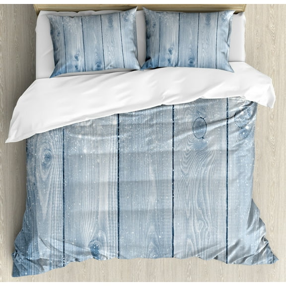 Winter Queen Size Duvet Cover Set, Frozen Wooden Texture Snowflakes Rustic Inspirations Grunge Retro Designed Print, Decorative 3 Piece Bedding Set with 2 Pillow Shams, Bluegrey White, by Ambesonne