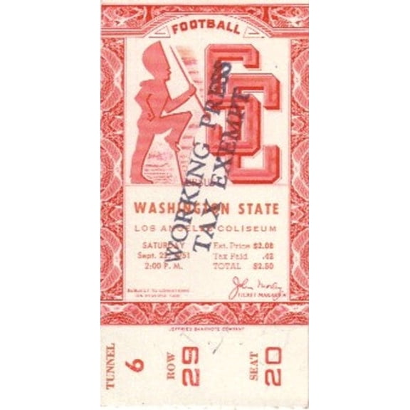 1951 USC Trojans vs Washington State Cougars college football ticket stub