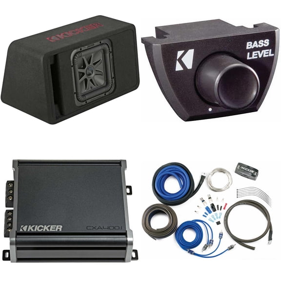 Kicker 45VL7R102 Single 10" L7R Loaded Vented Enclosure - 500 Watts RMS - w/ CXA400.1 Amp, Wiring Kit & Bass Knob Bundle