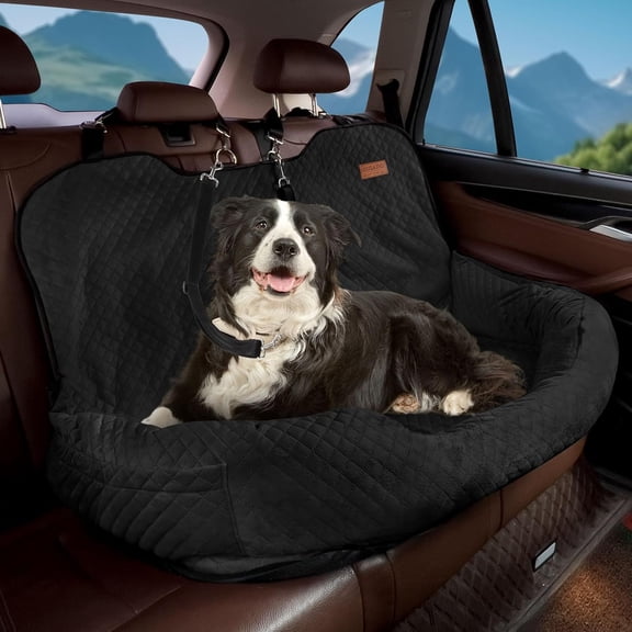 Coral Fleece Dog Booster Seat & Travel Bed with Storage Pocket&Clip-On Leash - Ergonomic Car Seat for Large Dogs up to 70 lbs or 2 Medium/Small Dogs,Soft Cushioned Pet Safety Bed for Secure Car Rides