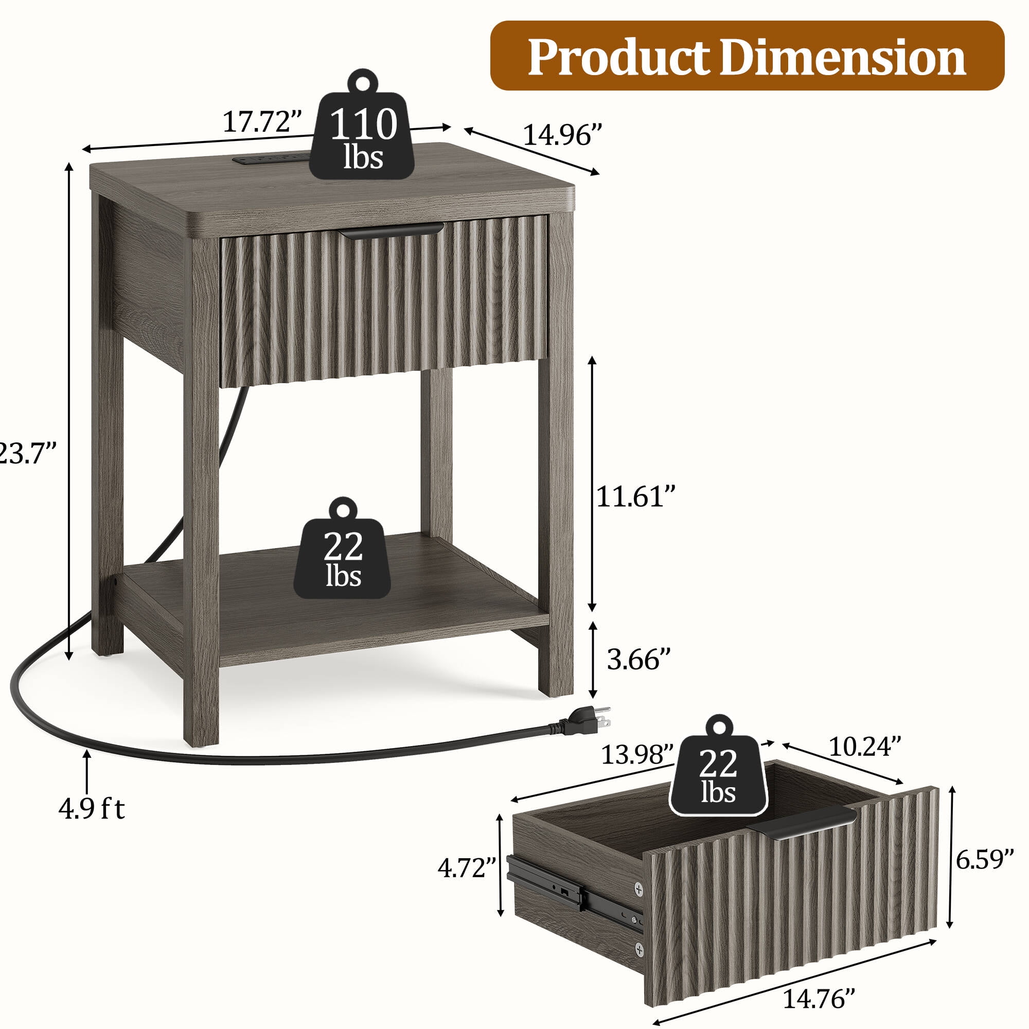 Laintene Fluted Nightstand with Charging Station - Modern Bedside Table with Drawer & Open Shelf, 2 AC Outlets + USB &Type-C for Bedroom & Living Room, Dark Grey Oak