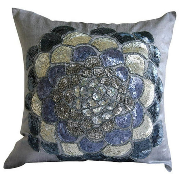 Pillow Cover, Silver Shams, Sequins & Beaded Flower Medallion Pillow