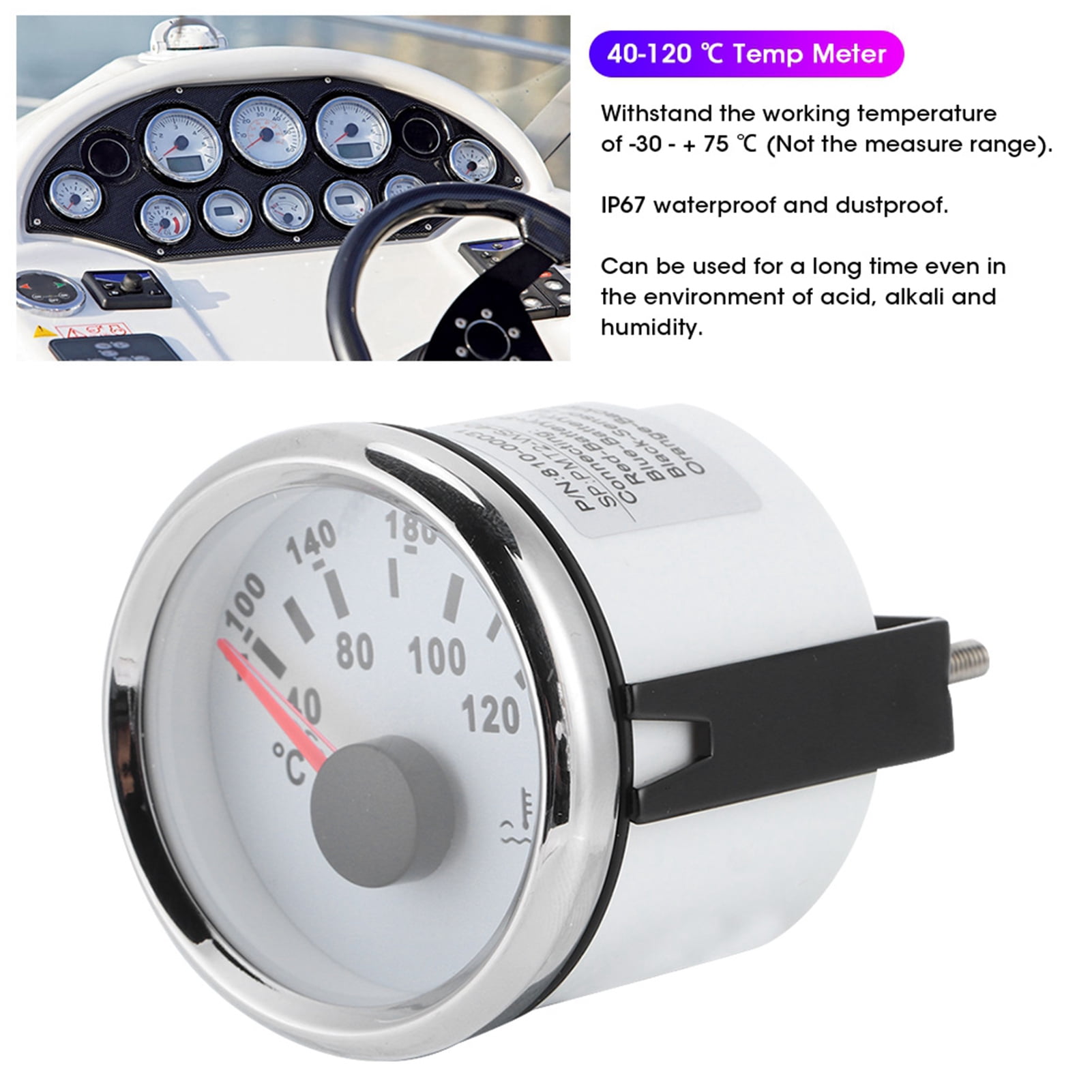 Jauge Température Eau Moteur Bateau 52mm Cadran Blanc Couvercle Argenté - 40-120°C Marine IP67