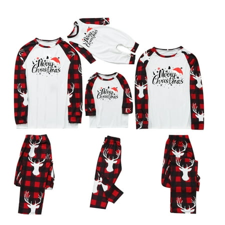 

Xmas Matching Pajamas Sets for Family Christmas PJ s with Funny Elk Plaid Printed Long Sleeve Tee and Pants Sleepwear
