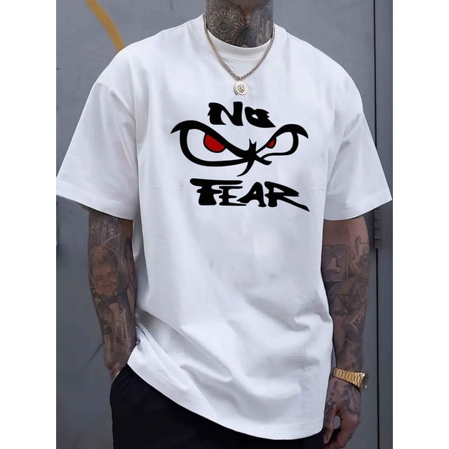 Camiseta informal con estampado "NO FEAR" para hombre, talla grande, manga corta, cuello redondo, color beige, algodón ligero, prenda esencial de verano para uso casual, talla grande, para practicar d
