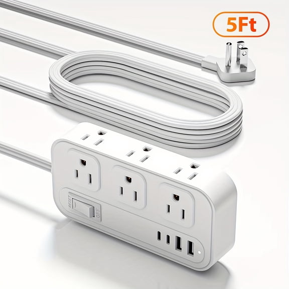 Flat Plug Surge Protector Power Strip, 6 AC Outlets & 4 USB Ports (2A/2C), 5 Ft Flat Extension Cord, Compact Wall Mount Desk Charging Station for Home Office Dorm Travel
