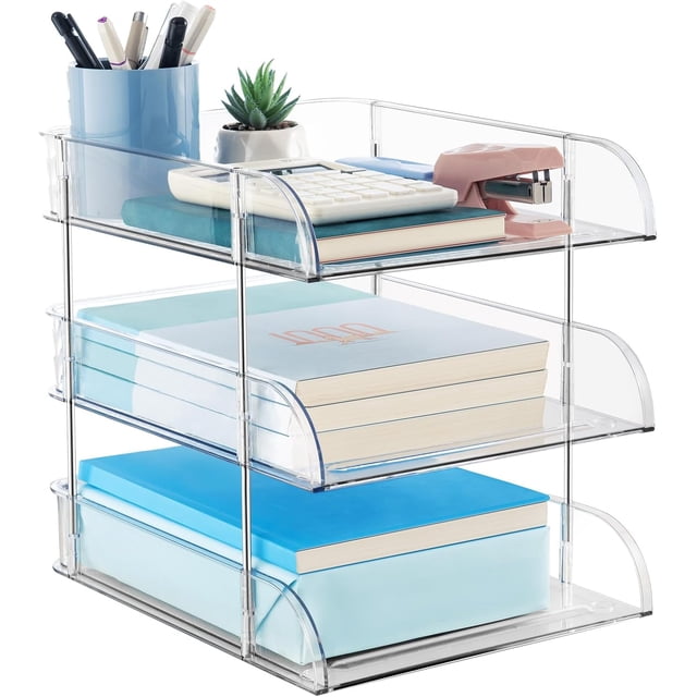 Clear Stackable Paper Trays PET Letter Tray Desk Organizer Desktop Organizers and Storage for Books Magazines Folders A Size File Paper Office Supplies