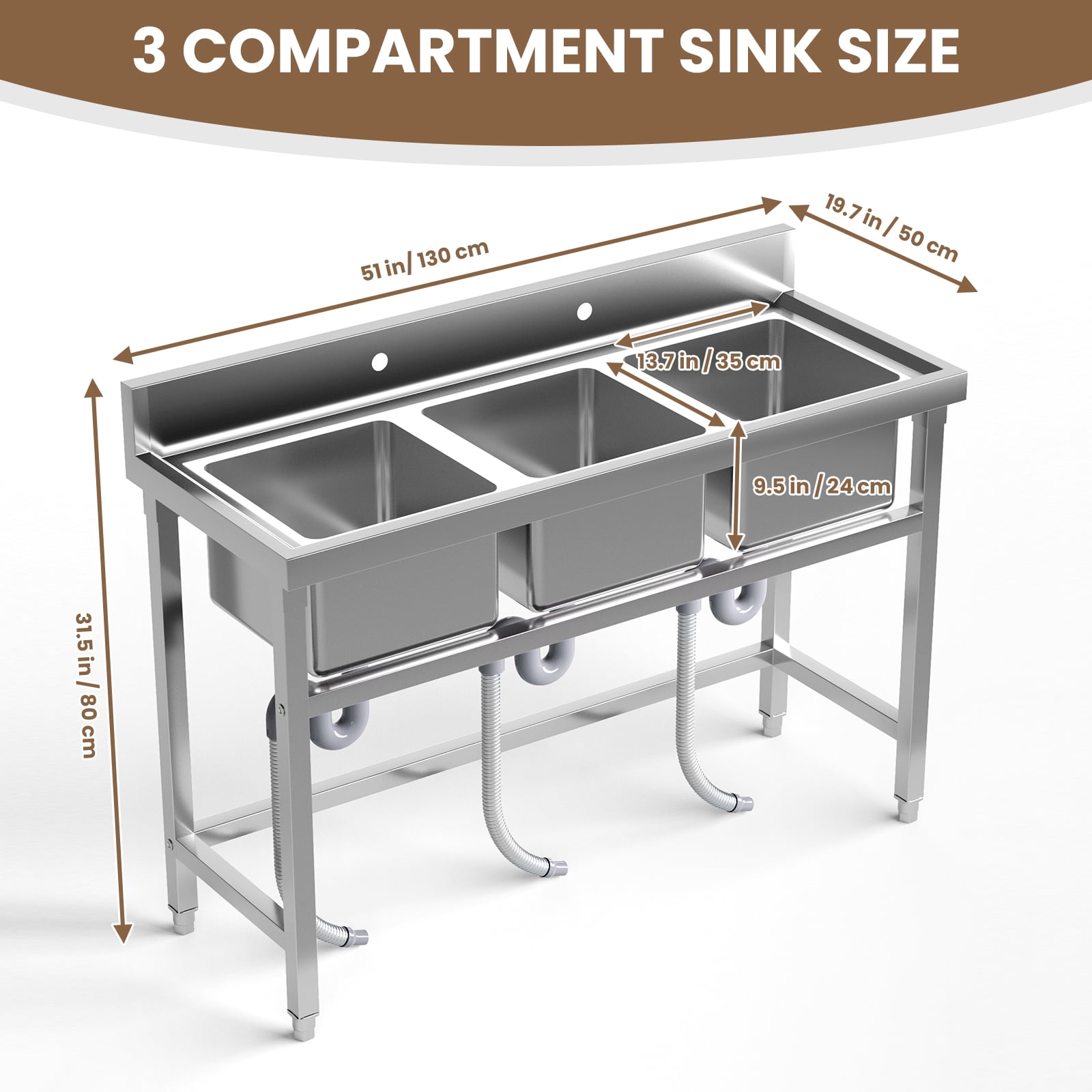 3 Compartment Utility Sink with Adjustable Legs, Heavy Duty Commercial Sink, Freestanding Utility Sink with 304 Stainless Steel for Restaurant, Food Truck
