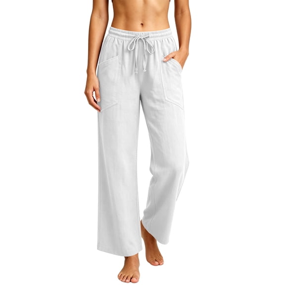 cocolona Womens Summer Casual Wide Leg Pants Elastic Waist Drawstring Straight Vacation Lounge Pants with Pockets