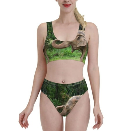 Bixox Asia Elephant Pattern Two-Piece Sports Bikini with U-Shaped Top and High-Waist Bottom - Women s Swimwear with Removable Bra Pads