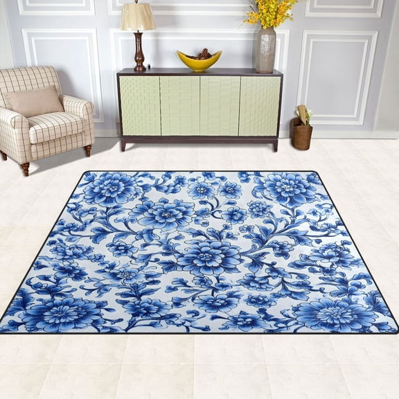 Blue and White Porcelain 63''x48'' Plush Memory Foam Bath Mat, Soft, Absorbent, Non Slip, Durable