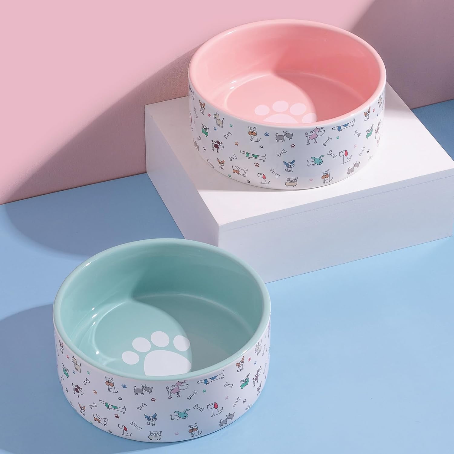 Fun Elements Ceramic Dog Bowls, Dog Bowls Large Sized Dog, 64 Fl Oz Heavy Dog Food Bowls Dog Water Bowl for Medium Dogs with Adorable Dog Patterns (Large,Pink)