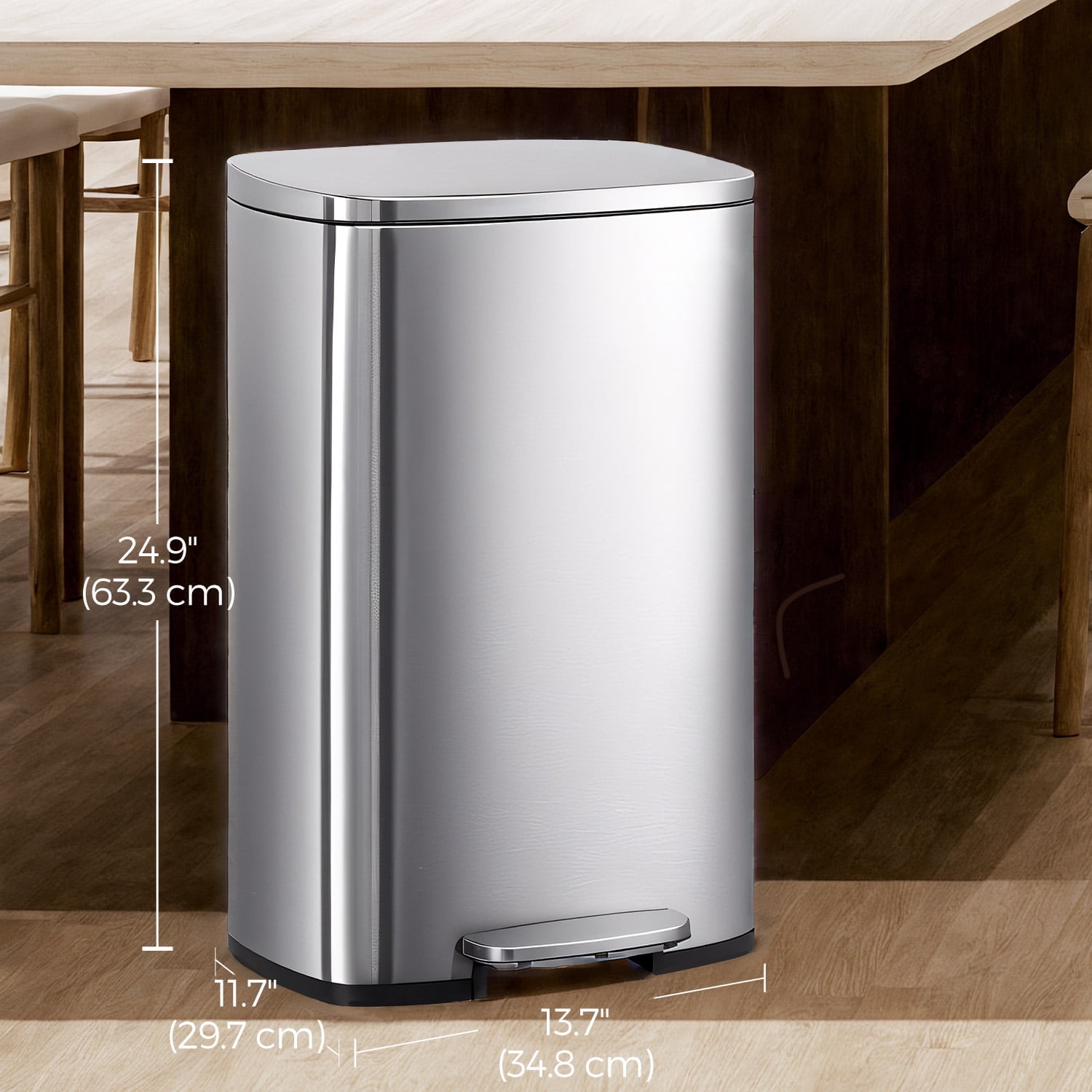 LEDREM Stainless Steel 13 Gallon Step Trash Can , Soft-Close Lid with Odor Seal & Inner Bucket , Kitchen Recycling Bin ,Silver