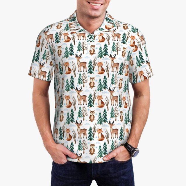 Fotbe Winter Woodland Friends Camiseta Polo de Golf para Hombre con Estampado – Camisa Deportiva Transpirable con Cuello Abotonado-XX-Large