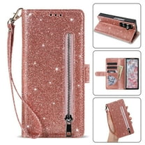 Compatible with Samsung Galaxy Z Fold 7 Wallet Case,Glitter Sparkly Bling PU Leather Zipper Pocket with Credit Card Holder Slots Shockproof Magnetic Clasp Flip Stand Phone Case,Rosegold
